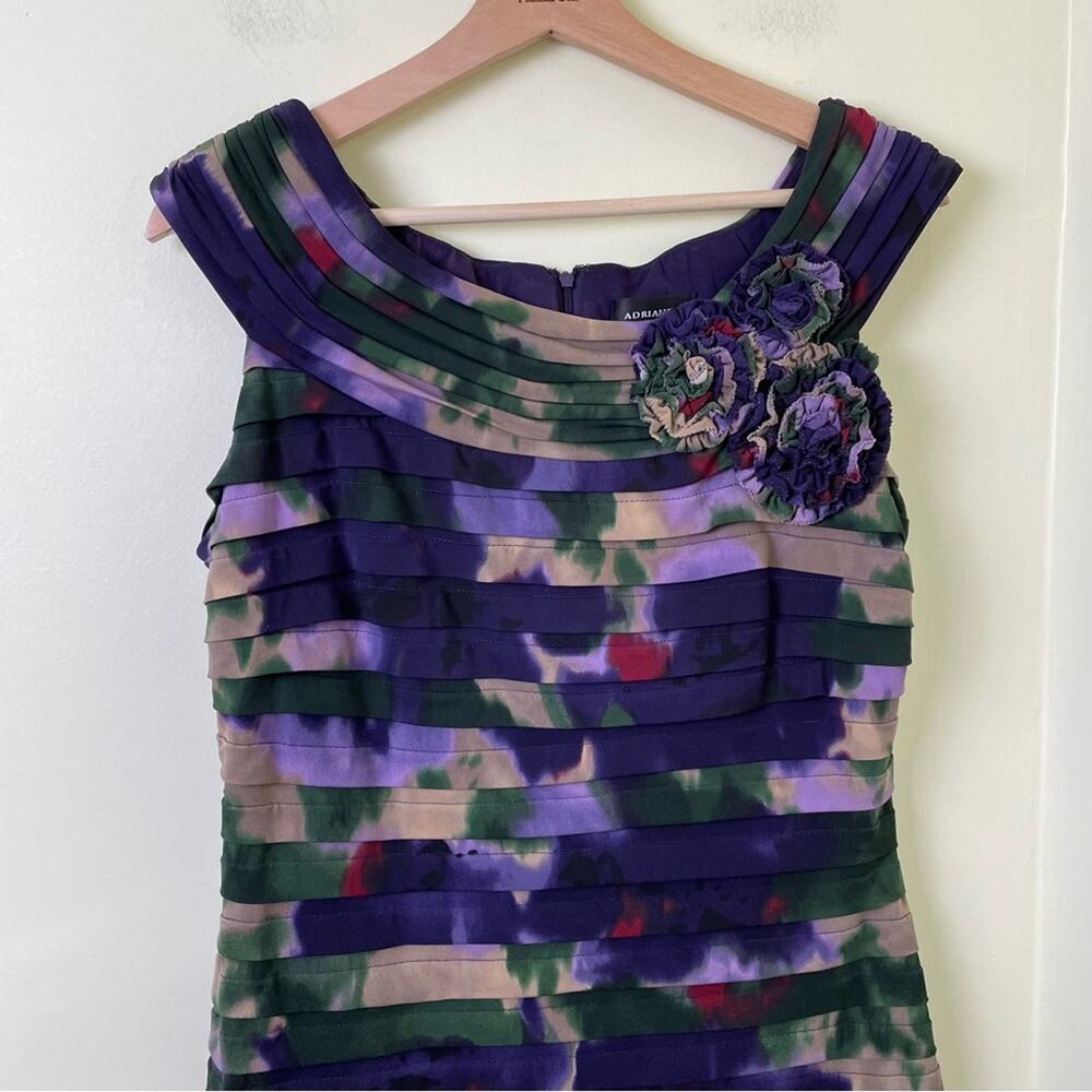 Adrianna Papell Shutter Pleated Sheath Dress with Flowers in Purple Floral SZ 14 - Picture 4 of 10